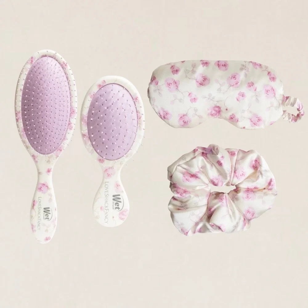 LoveShackFancy Wet Brush Goody Set Floral Detangler Sleep Mask Scrunchie Pink